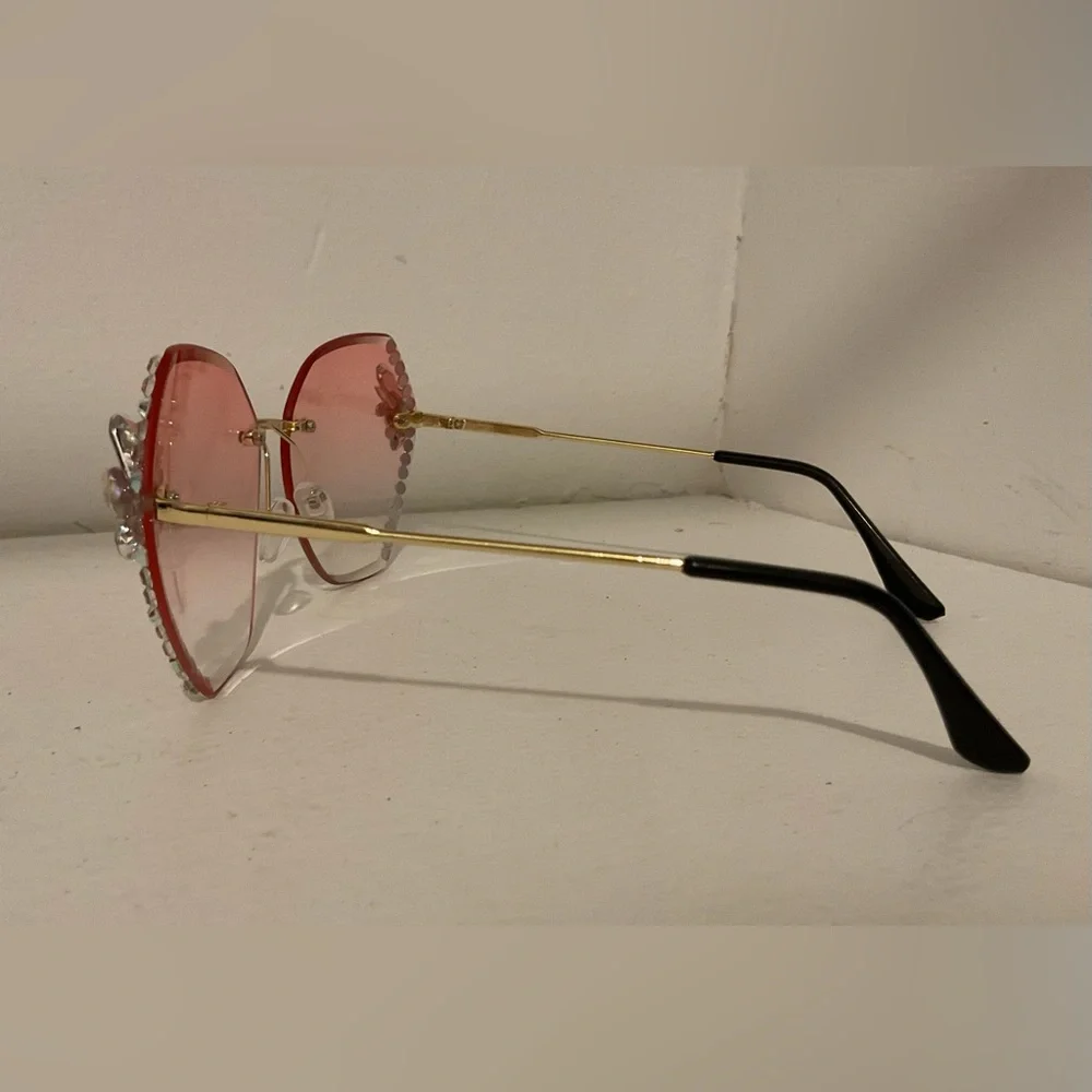 Oversized Rhinestone Bling Sunglasses Square Gradient Pink Lenses Gold Wireless